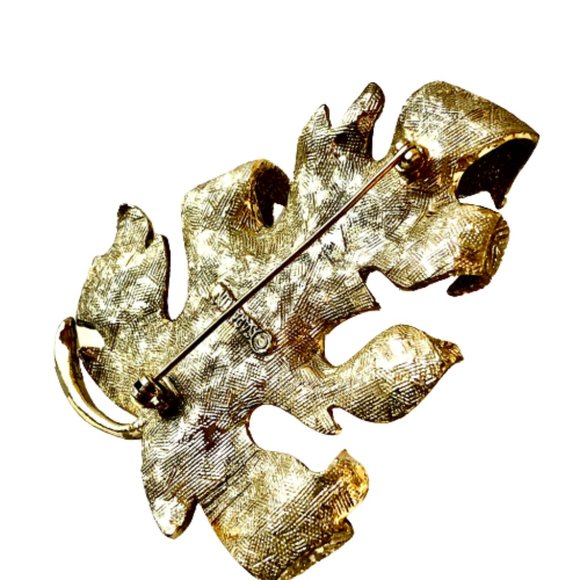 SARAH COVENTRY Vintage Oak Leaf Brooch Gold & Silver Tone Textured Big… - Picture 9 of 11